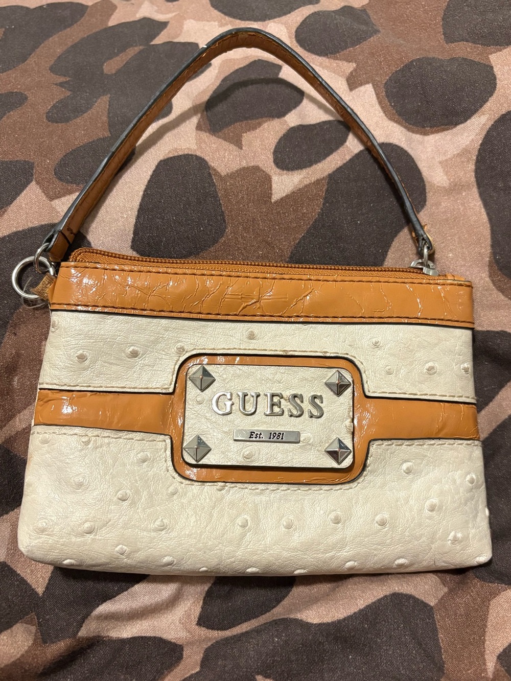 Free With Purchase Vintage GUESS Y2K Wristlet Purse Cream Faux Ostrich Mini Bag